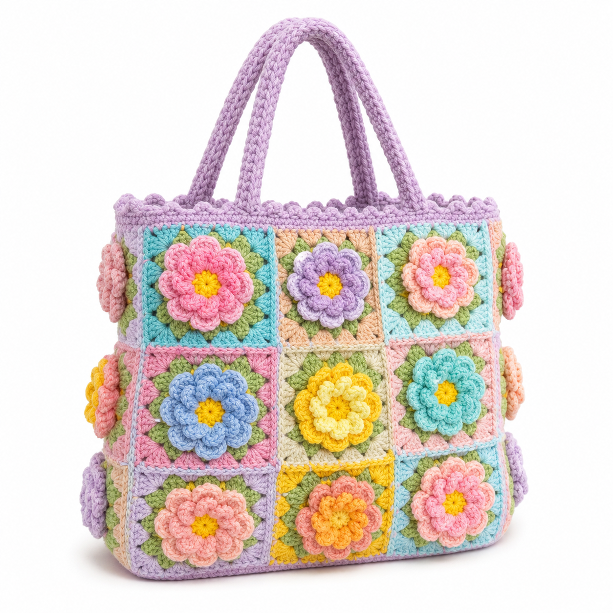 The Lavender Granny Square Tote detail view