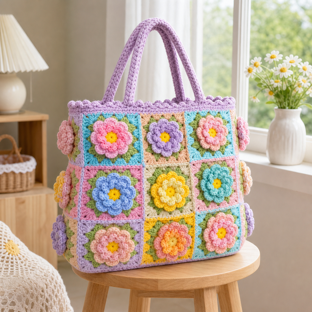 The Lavender Granny Square Tote detail view