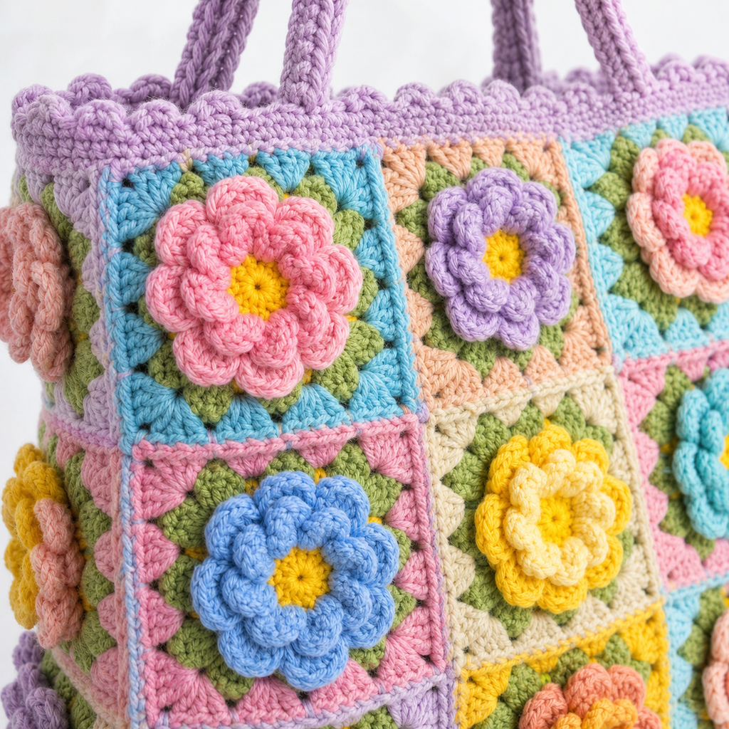 The Lavender Granny Square Tote detail view